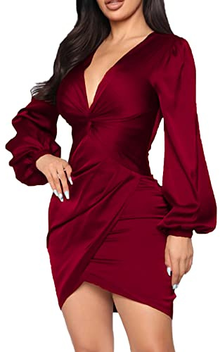 TDiooCor Womens Ruched Draped Midi Party Club Dress Long Sleeves Bodycon Knee Length Elegant Fall Wedding Guest Dress Burgundy