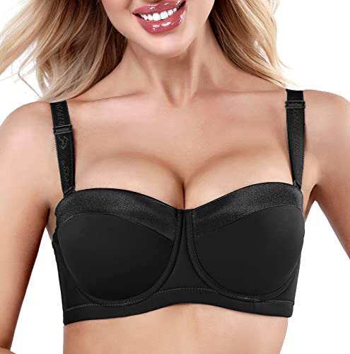 VSEISNOO Women Sexy Padded Underwire Multiway Strapless Push up Bra for Women Plus Size Balconette Bra Black 42DD