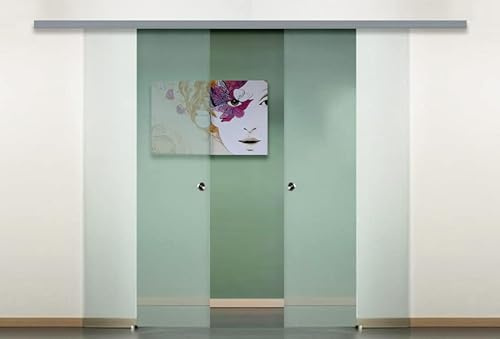 Porta scorrevole doppia anta in vetro a due ante contrapposte con maniglietta inox (90+90 x 210 cm) (VETRO SATINATO)