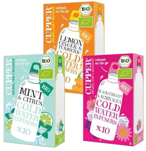 Cupper Bio Cold Water Infuser Box | 3 Sorten | 30 Teebeutel | Minze, Zitrone-Ingwer & Johannisbeere | Wasser mit Geschmack | plastikfrei | fair gehandelt