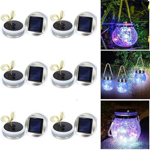 Solar Crackle Glass Globe Jar Lid Lights Replacements Top Part,6Pack 30 LEDs 8cm/3.15Inch Diameter Fairy Firefly Jar Lids,Waterproof Hanging Mason Jar String Lights Lids(Jars Not Included) (Colorful)