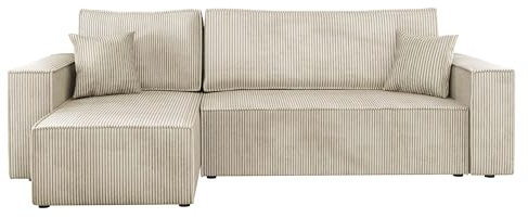 Mirjan24 Ecksofa Kobaro Cord Sofa Eckcouch Couch mit Schlaffunktion und Bettkasten Ottomane Universal, L-Form Couch Schlafsofa Bettsofa Farbauswahl (Poso 100)