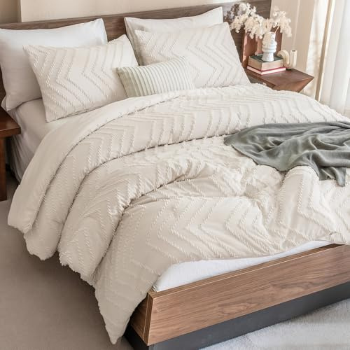 Andency Comforter Full Size Set, Beige Boho Cream Soft Warm Tufted Neutral Bedding Comforter Sets for Full Size Bed, 3 Pieces Aesthetic Chevron Farmhouse Cute Bohemian Textured Bedding Set