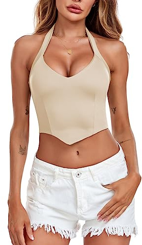 EVELIFE Donne Canotte Sexy V Profondo Collo Halter Top Corto Senza Maniche Top Gilet Senza Maniche Top Caraco Camisole Estate, NU, M