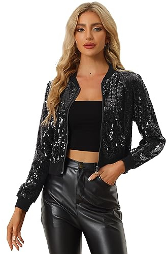 Allegra K Damen Pailletten Bomberjacke | Langarm Glitzer Party Jacke
