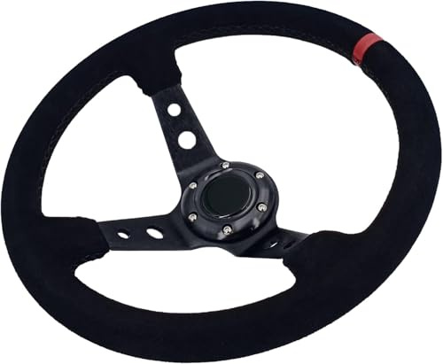 RUNIGOO Steering Wheel, 350mm Deep Dish 6 Bolt for JDM Sport Racing Steering Wheel Suede Horn Button US Included, Cable, Wrench 14in