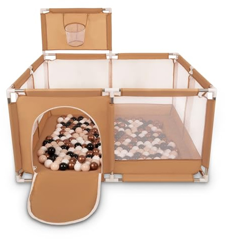 Selonis Laufstall Mit Korb Und 200 Bälle Laufgitter Für Kinder, Beige:Pastellbeige/Kupferrot/Weiß/Schwarz