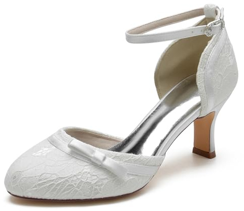Hanfike Zapatos de novia para mujer, tacón bajo, punta redonda, zapatos de vestir con correa de tobillo JY150, White, 41 EU