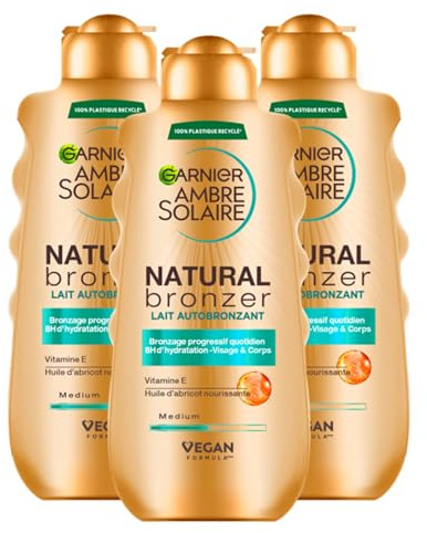 Garnier Ambre Solaire Natural Bronzer Selbstbräunungsmilch mit Aprikosenöl und Vitamin E, 3 Flaschen à 175ml