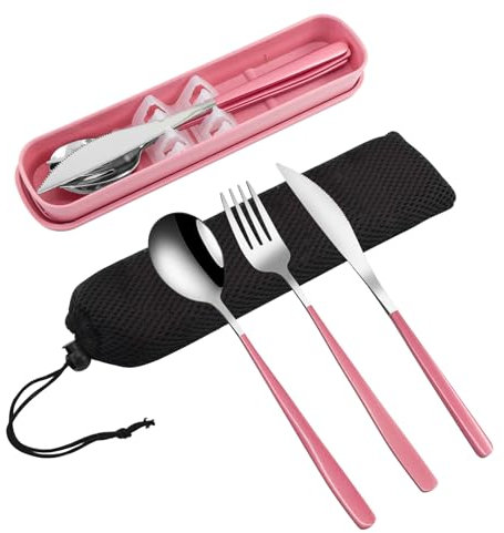 VANRA 3-Piece Portable Travel Utensils Set with Case 18/8 Stainless Steel Flatware Set Reusable Cutlery Set with Fork Spoon Knife for Lunch Travel Camping School Work Picnic (Pink)