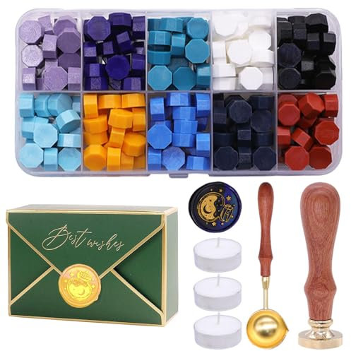 Lnhgh Wachs-Buchstaben-Siegel-Set, Wachs-Umschlag-Siegel-Stempel-Set - Feuerfarben-Stempel-Löffel-Werkzeuge - Kartenherstellung von Hochzeitseinladungen mit bunten Wachsperlen für Anfänger