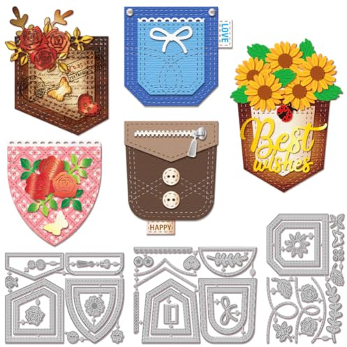GLOBLELAND Stanzformen Mit Jeanstaschen Rahmen Zum Gestalten von Karten Blumen Und Blattknöpfen Metallstanzungen Stanzvorlagen Für Scrapbooking Journale Prägungen Papierbasteldekoration