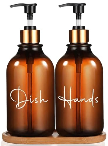 Brauner Handseifenspender für das Badezimmer, 2 Stück, 500 ml, Set mit Seifenschale für Küchenspüle mit Bambusbrett und Seifenschale, Holzspender