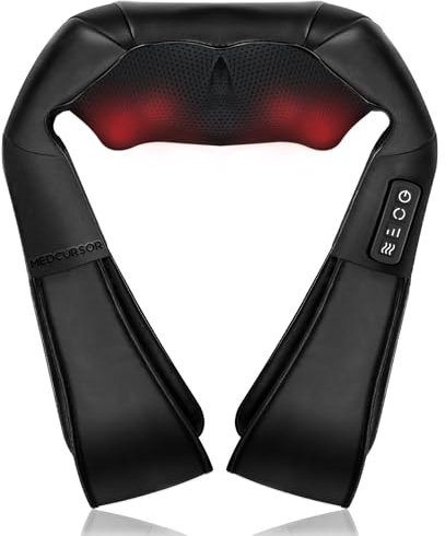 Medcursor Neck Massager with Heat, Deep Tissue Shiatsu Massager, 3D Kneading Shoulder and Back Massage Pillow for Pain Relief, Suitable for Home, Office (Black)