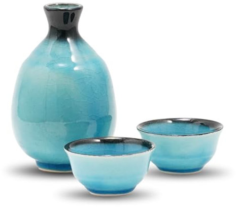COTONOHA Handgefertigtes Mino Ware Sake-Set mit türkischer Crackle-Glasur, 325 ml Keramik-Tokkuri und Tassen für heiße und kalte Sake, langlebige japanische Keramik, Geschenk und Heimdekoration