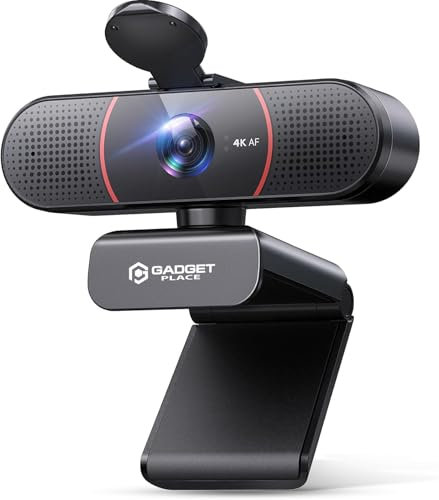 Gadgetplace Webcam 4K Ultra HD Pro avec Microphone Anti-Bruit – Cache Webcam et Adaptateur USB Inclus – pour Ordinateur Portable et PC – Windows et Mac