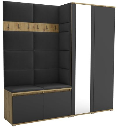 Brent - Flurgarderobe Luton 4, Garderobe Set: Schuhbank mit Sitzfläche, Garderobenpaneel, Garderobe mit Spiegel, Flur Möbel, Artisan Eiche Schwarz + Polsterpaneele in Schwarz