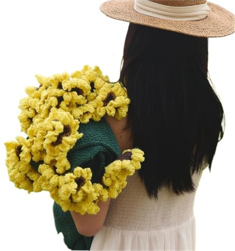 SXJY Bouquet de Fleurs au Crochet (140 cm) - Couverture en Crochet Faite Main avec Bouquet de Roses for la fête des mères, Un Anniversaire ou Une décoration d'intérieur(Sunflowers)