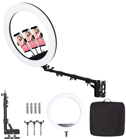 FEIFANTEAM Soporte de pared con anillo de luz de 25 pulgadas con soporte para teléfono móvil, brazo triangular ajustable, soporte de luz de techo para estudio de iluminación fotográfica, transmisión