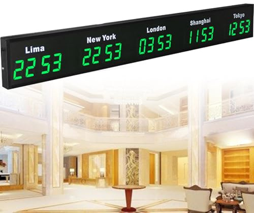 Orologio da Parete, Grande Orologio Mondiale Digitale a LED, Orologio da Parete con 3/4/5 Fusi Orari, Hotel e Multinazionali,Green-5City