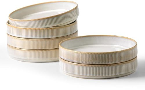 Richmount Star Keramikschalen Set 6, 21cm Pastateller Groß Tief, Suppenteller für Salat Dessert, Cappuccino Weiß​