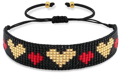 Black Bracelet for Women, Heart Pattern Seed Beads Surfer Gift, Adjustable Handmade Bohemian Love Bracelet