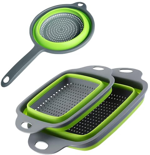 Square Collapsible Colander Set,Save Storage Space Collapsible Colander Strainer with Handle,for Kitchen and Travel Use (Green)
