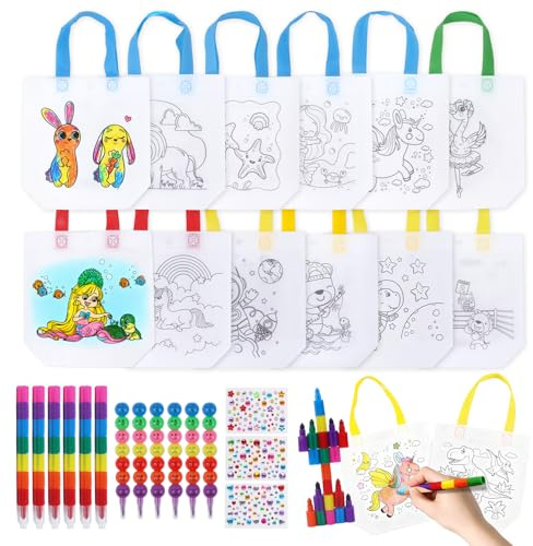 Bingqiling 12 Stoffbeutel zum Bemalen- Taschen zum Bemalen für Kinder mit Buntstifte Glitzersteine Selbstklebend, Federmäppchen zum Bemalens für Mitgebsel Kindergeburtstag Basteln Partygeschenke