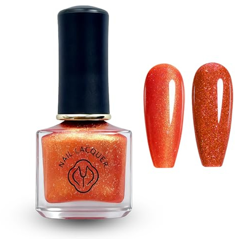 Glitter Nail Polish - Red Orange Nail Vanish Quick Dry - Oil-Based Gold Polish With Holographic Glitter For Christmas & Festival - Long-Lasting & No UV Needed Autumn Nails Varnish