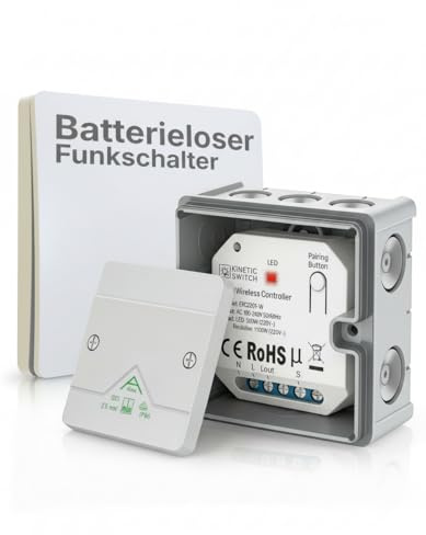 kinetic-switch Funklichtschalter Set Outdoor batterieloser Schalter IP65 & smarter Kompakt-Empfänger auch über tuya App sowie Amazon Alexa und Google Home steuerbar (weiß)