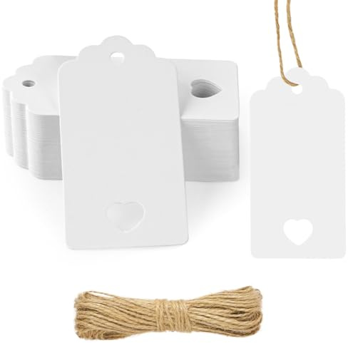 Flintronic 60 Stück Geschenkanhänger, Kraftpapier Anhänger zum Beschriften, mit 10m Jute Schnur, Quadrat Label, für Geschenkverpackung, Hochzeit, Halloween, Erntedankfest, Weihnachten, DIY(Weiß)