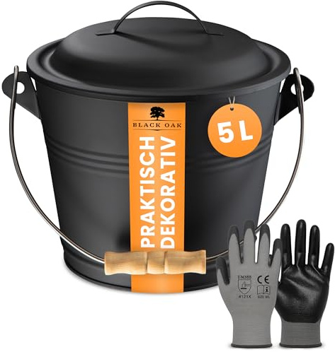 BLACK OAK Ascheeimer Piton 5L - schwarz + Deckel & Holz-Griff + Handschuhen | - 5L groß - schwarz Deckel mit Holz-Griff Stahl feuerfest, verzinkt, pulverbeschichtet Eimer für Asche Kohle modernes Design