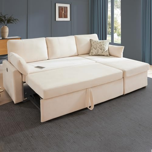 Waxberry 85 L Shaped Sectional Sofa Couch, Pull Out Couch Sleeper Sofa Bed for Living Room, Modular Chenille Deep Seat Sofa, Reversible Chaise, Storage, Side Pockets & Dual USB/Type-C Ports, Beige