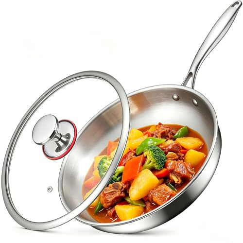 ORFCP 5-Ply Stainless Steel Frying Pan with Lid 28cm, 18/10 Stainless Steel Pan Induction, Non Toxic Frying pan, Fast & Even Heat, Gas Stoves, Induction, Oven Up to 370℃