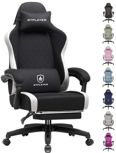 GTPLAYER Gaming Stuhl Ergonomischer, PC Stuhl Atmungsaktiver Stoff, Groß und Hoch Drehbarer Schreibtischstuhl mit Fußstütze,Verstellbare Lendenwirbelstütze und Kopfstütze,Schwarz