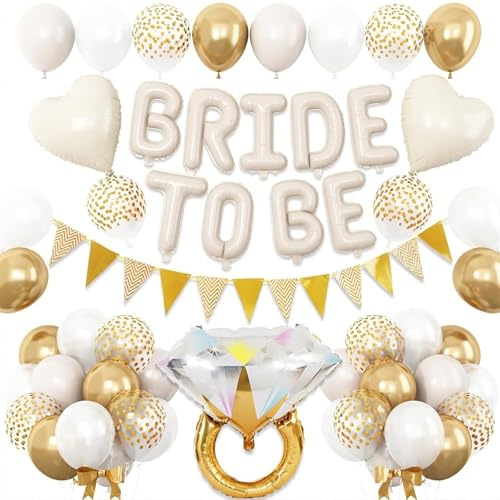 BRIDE TO BE Balloon Set - Neutral Tone Wedding Decorations with 16pcs Self-Sealing Balloons, Foil Letter Balloon, Ring Balloon & Banner for Bridal Shower, Bachelorette Party