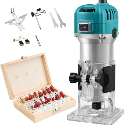 Electric Palm Router Tool 800W, Variable 6 Speeds Trim Router Max 33000R/MIN, Wood Router with Transparent Base, Hand Wood Routers with 15pcs Router Bit Set for Handwork and DIY, Blue