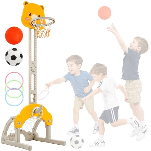 GREENSAPPIRE 3-In-1 Basketball Hoop for Kids – Adjustable Height Indoor & Outdoor Sports Activity Centre – Includes Basketball, Football, Ring Toss – Fun Multi-Sport Set for Boys & Girls