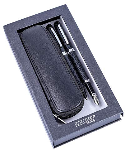 ONLINE Schreib-Set Eleganza, Leather Style, enthält Kugelschreiber, Füllhalter, Echt-Lederetui, Schwarz, 3-teilig, in hochwertiger Geschenkbox, Füller für Standardpatronen, Kulli mit Großraummine G2