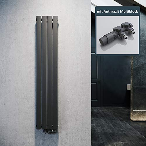 ELEGANT Design Heizkörper Flach 1600x308mm mit Anthrazit Multiblock Thermostat Flachheizkörper Anthrazit Einlagig Vertikal Heizkörper Mittelanschluss