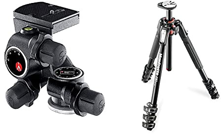 Manfrotto 410 Junior Geared Head with Release Plate and Micrometric Knobs, Black & 190XPRO Aluminium 4 Section Tripod with Horizontal Column