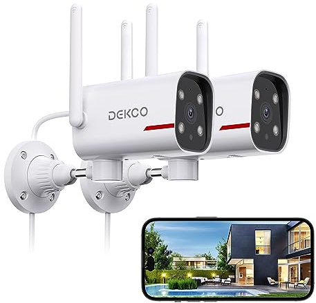 DEKCO 2 Pack Outdoor Security Camera with 2K Color Night Vision, Pan Rotating 180° Wired WiFi Camera Support 24/7 Recording, 2.4GHz WiFi, AI Human Auto Tracking, Work with Alexa/Google Assistant