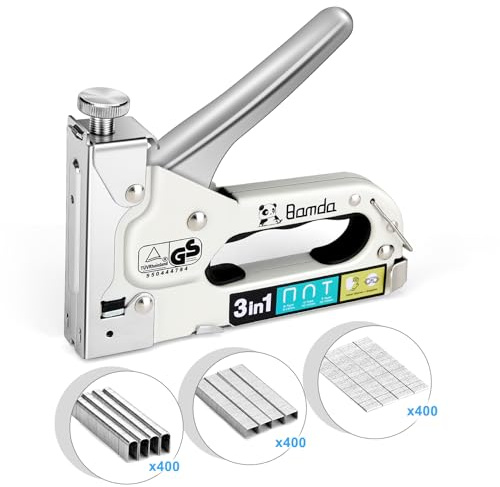 Bamda Staple Gun with 1200 Staples - 3 in 1 Staple Gun Heavy Duty for Wood , Adjustable strength and Durable, Manual Staples for Wall, Cable Tacking, Decoration DIY, Nail Guns for Wood | Staples, Rust-Resistant, Adjustable Strength and Durable, Ergonomically Design