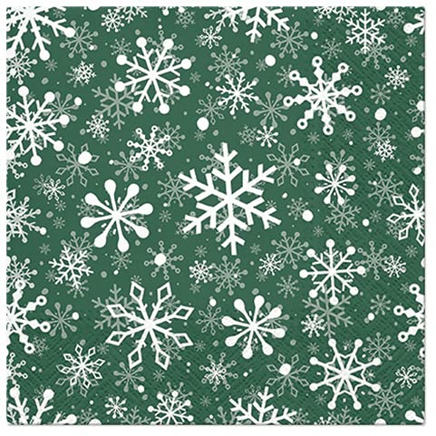 Servietten Weihnachten Lot de 20 serviettes de table flocons de neige blancs sur vert - Pour l'hiver et Noël - Décoration de table 33 x 33 cm