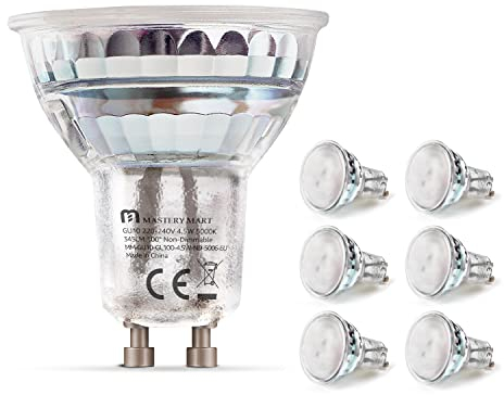Mastery Mart GU10 LED Lamp, 100 Degree Beam Angle Light Bulbs, 5000K Daylight White PAR16 LED Bulbs, 4.5W, 345 Lumens, Ideal for Accent and Ambient Lighting, Non-Dimmable, Set of 6