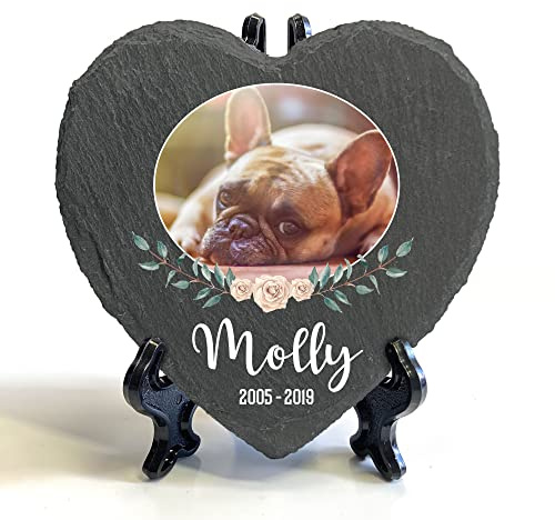 TULLUN Individueller Personalisiert Herzform Tiergrabstein Schiefer Gedenkstein + Ständer für Hund, Katze und andere Haustiere Tiere - Größe | 10 x 10 cm | - Blumenrahmen-Foto