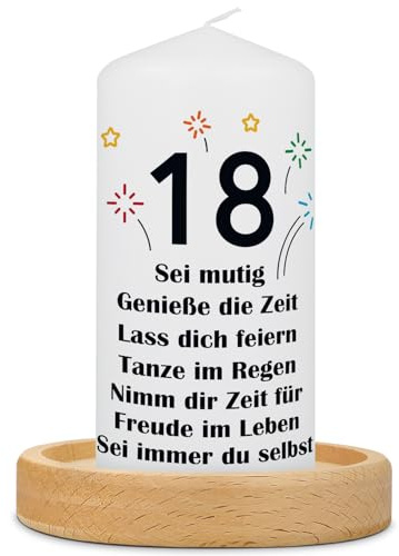 GRAVURZEILE Bedruckte Kleine Kerze - 18 Jahre Geburtstagskerze - brilliant bedruckte Kerze zum 18. Geburtstag mit Spruch - Tischdeko - Geschenk für Mädchen & Jungen zur Volljährigkeit