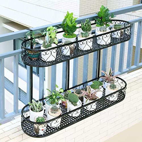Yesbon Balkon Blumentopf Halter Geländer Regal Eisen Balkon Pflanzenregal, Eisen Balkon HäNgenden Blumenregal TopfstäNder Pflanzenlager GeläNder Regal Dekoration, Schwarz,B,100x25x12cm