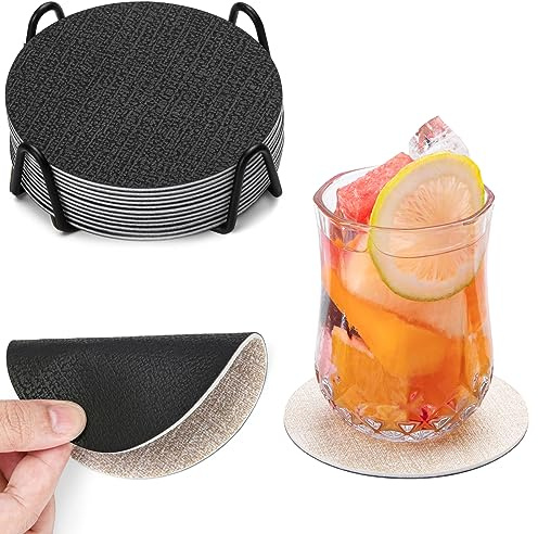 Chitomars Untersetzer Gläser 12er Set, doppelseitige Leder Glasuntersetzer | Rutschfest abwaschbare Getränkeuntersetzer Kunstleder Glas Untersetzer-Set mit Halter (Cremeweiß Schwarz, Rund)