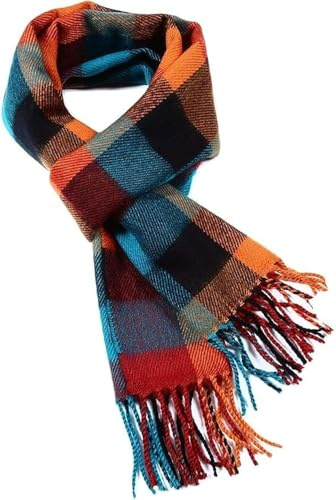 A.WAVE Soft Touch Tassel Ends Plaid Check Solid Scarf (WINDOW PANE : ORANGE)